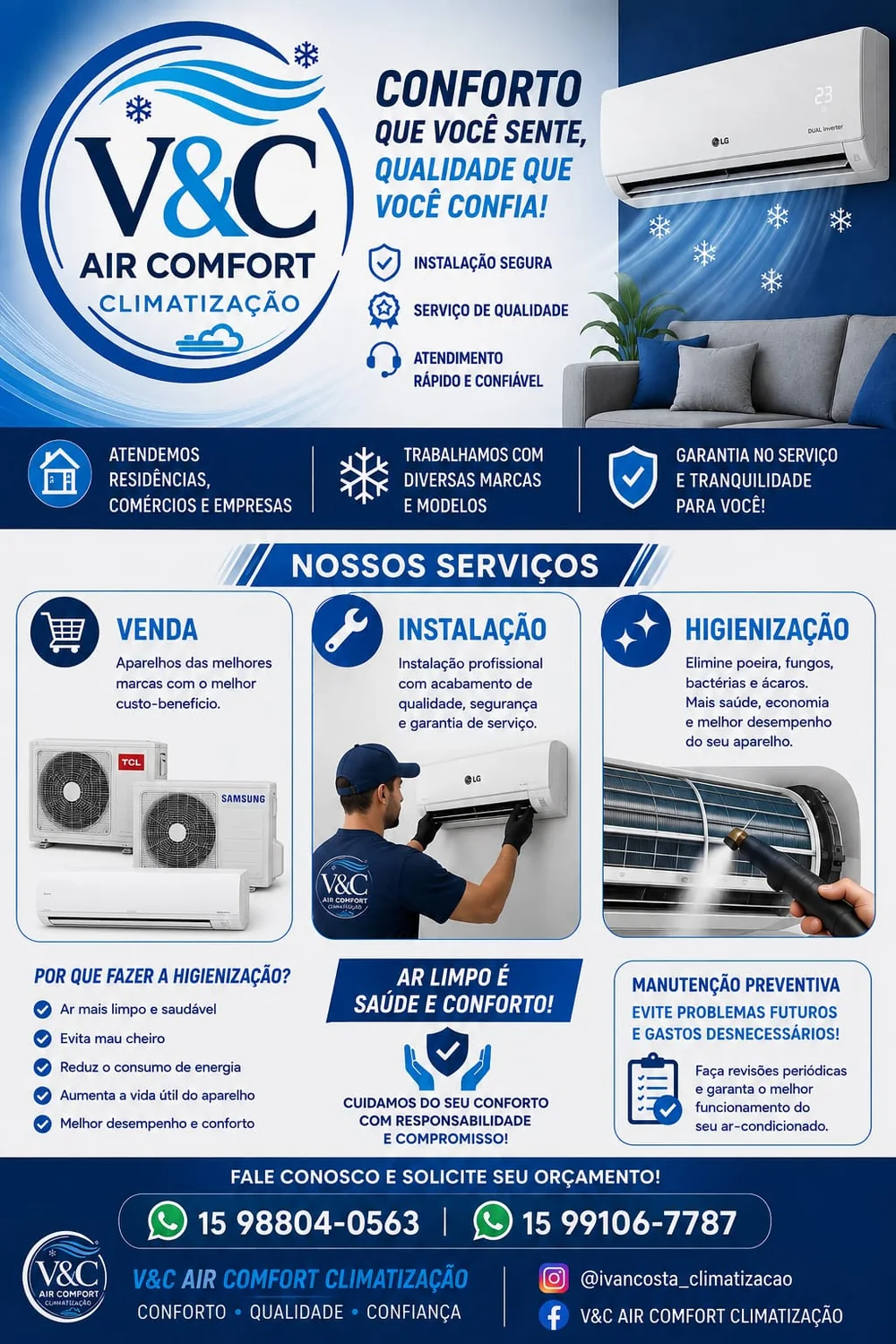 Serviços da V&C Air Comfort Climatização: venda, instalação e higienização de ar-condicionado